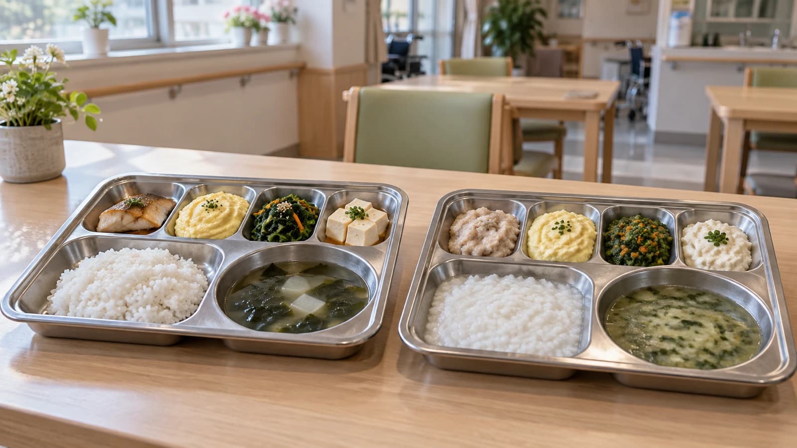 요양원 식당 식탁에 밥과 국, 반찬을 담은 식판과 형태를 달리해 담은 식판이 나란히 놓인 모습
