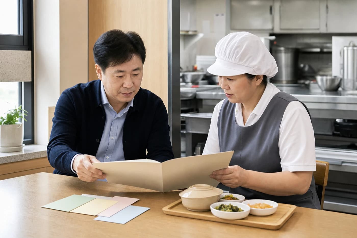 상담 전에 시설 조건을 정리하는 모습