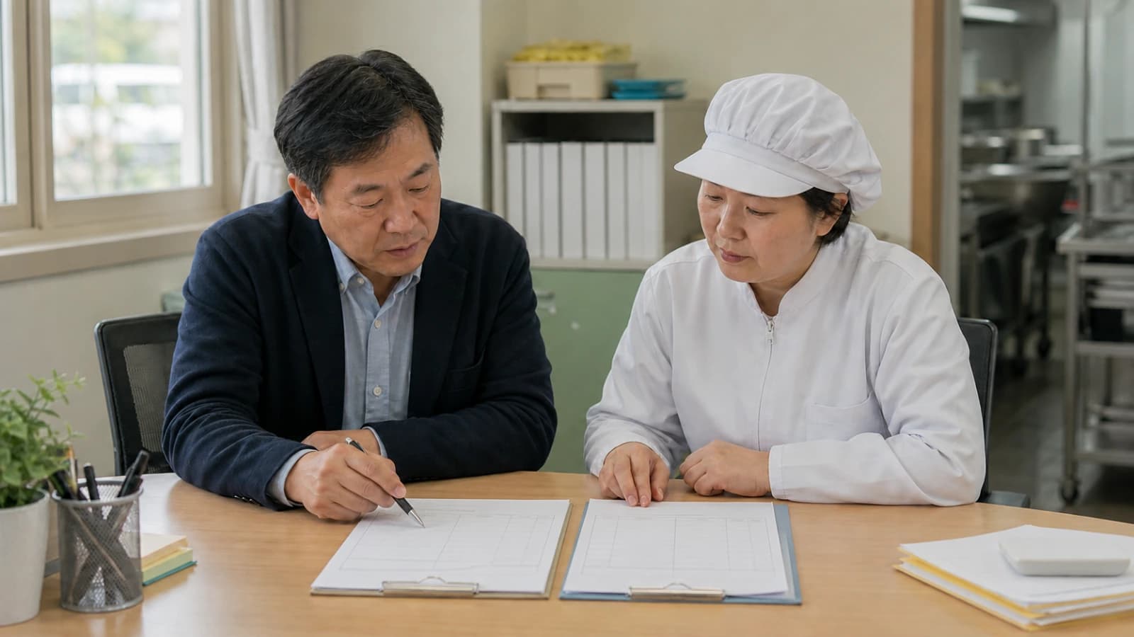 두 업체의 위탁급식 견적서를 나란히 비교하는 모습