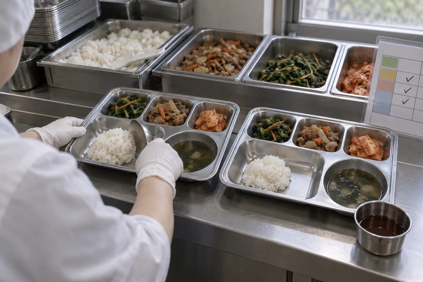 요양원 배식대에서 같은 메뉴로 차린 식판 두 개의 주식 양과 소스를 곁들인 반찬 담기를 기준표와 대조하며 확인하는 모습