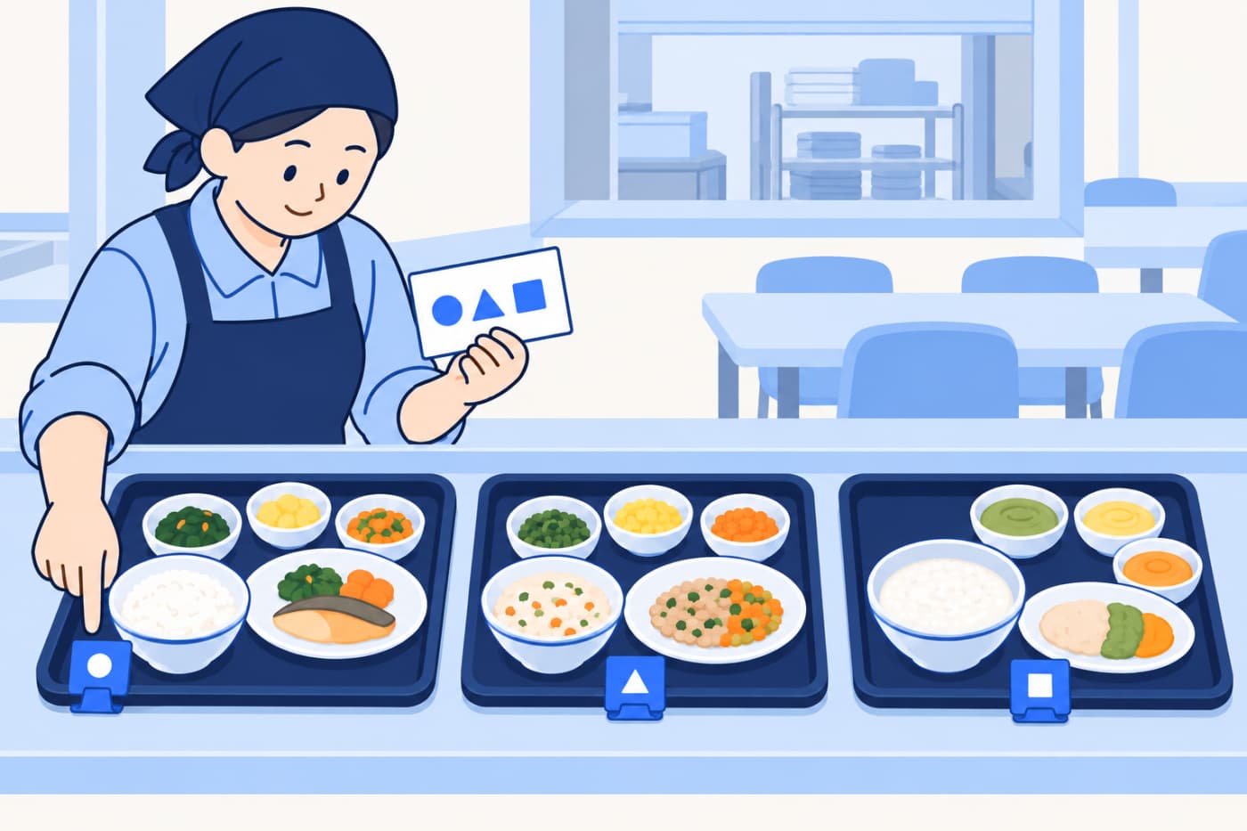 요양원 식당 배식대 앞에서 조리원이 식사 형태별로 표시한 식판을 확인하며 첫 끼니 배식을 준비하는 모습